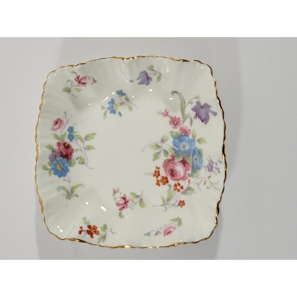Hammersley Bone China Floral Trinket Dish Gold Trim England 4.25" Square